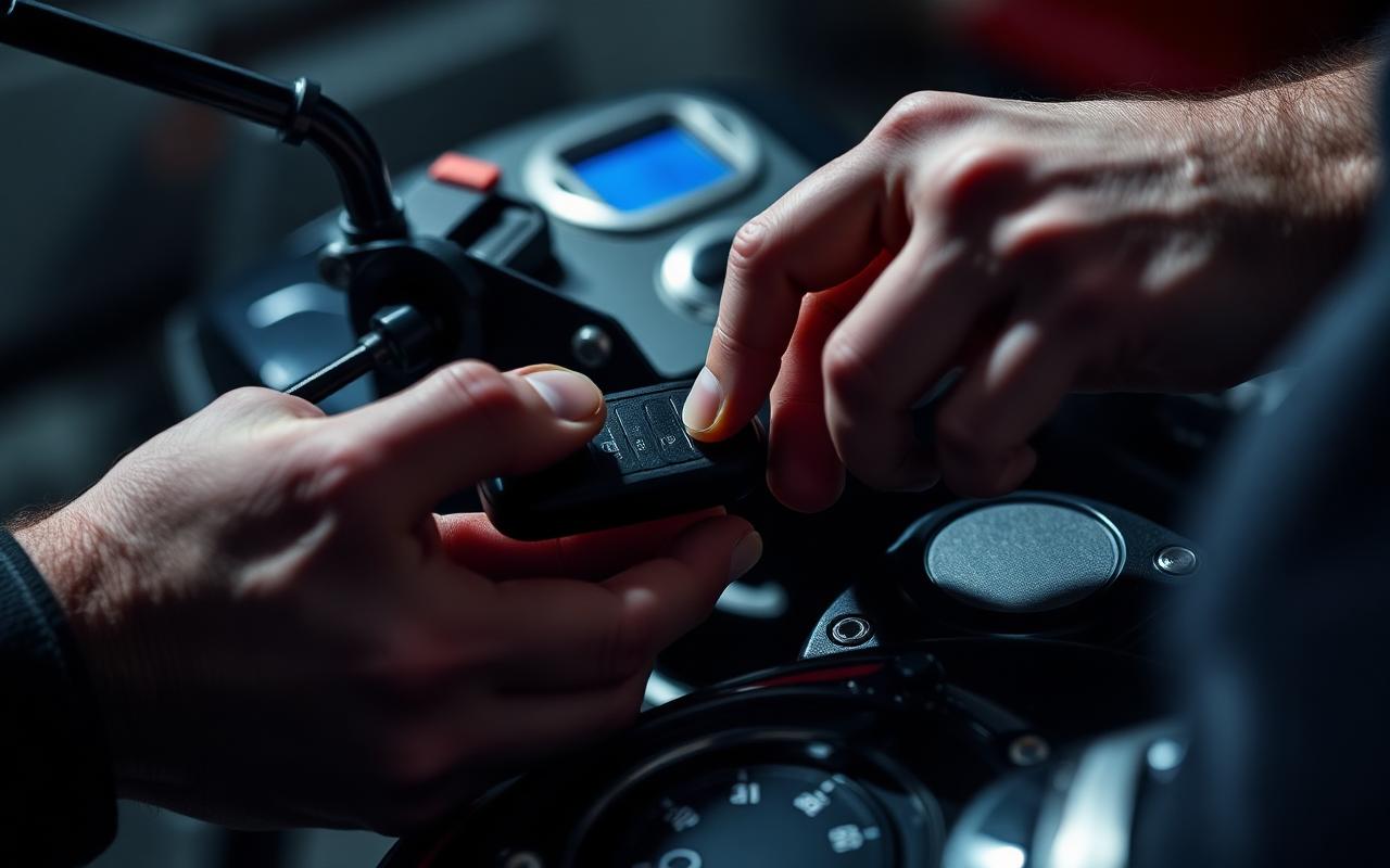 Mechanic working on a motorcycle key fob